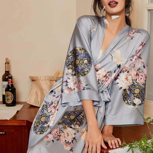 garden gray kimono robevintage kimono silk kimono satin kimono floral kimono lounge dressing gown womens dressing gown ladies robe vintage robes satin robe brid 831144