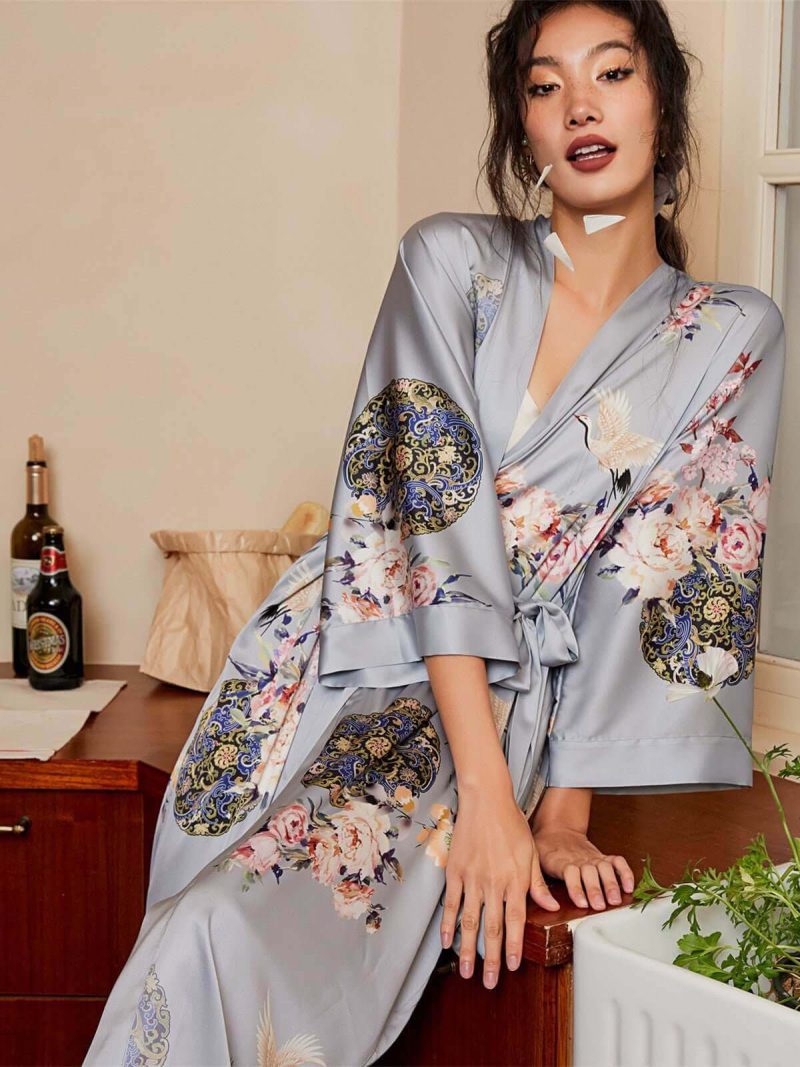 garden gray kimono robevintage kimono silk kimono satin kimono floral kimono lounge dressing gown womens dressing gown ladies robe vintage robes satin robe brid 831144