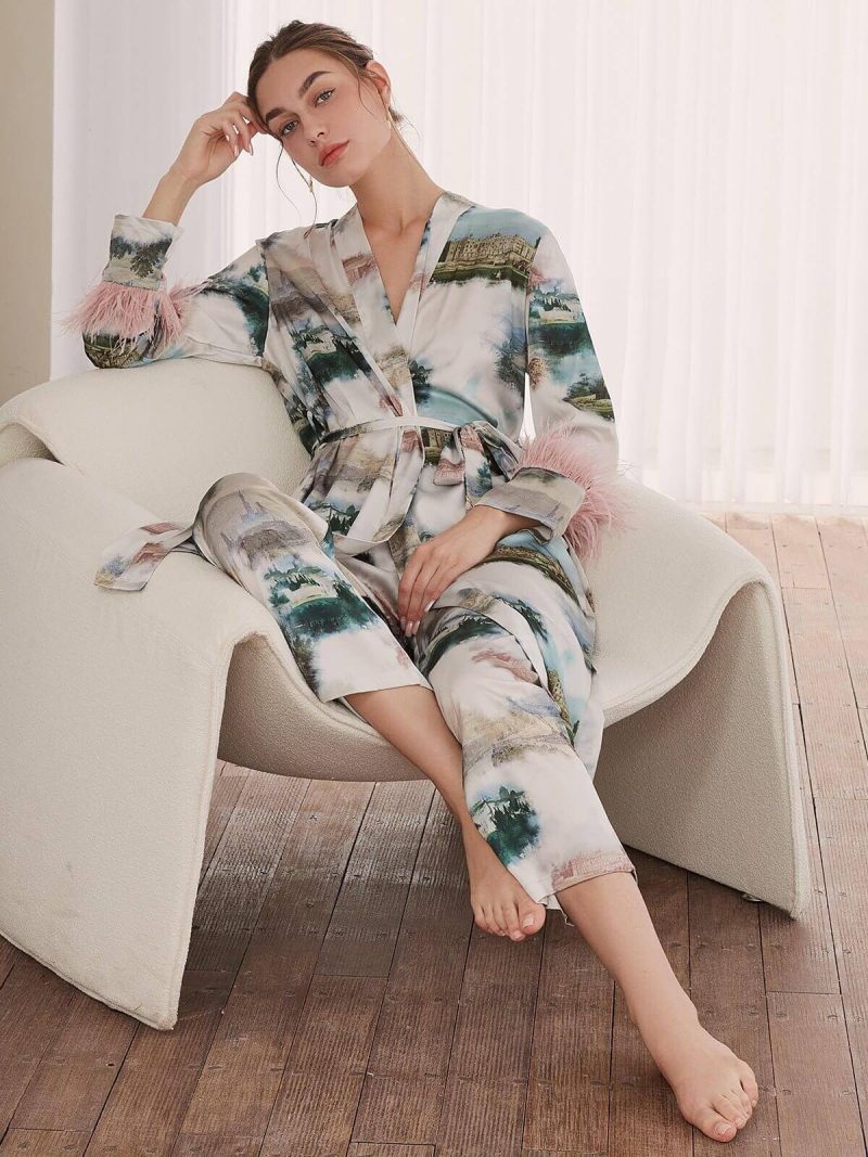 silk pajama set 3pcs feather 587451